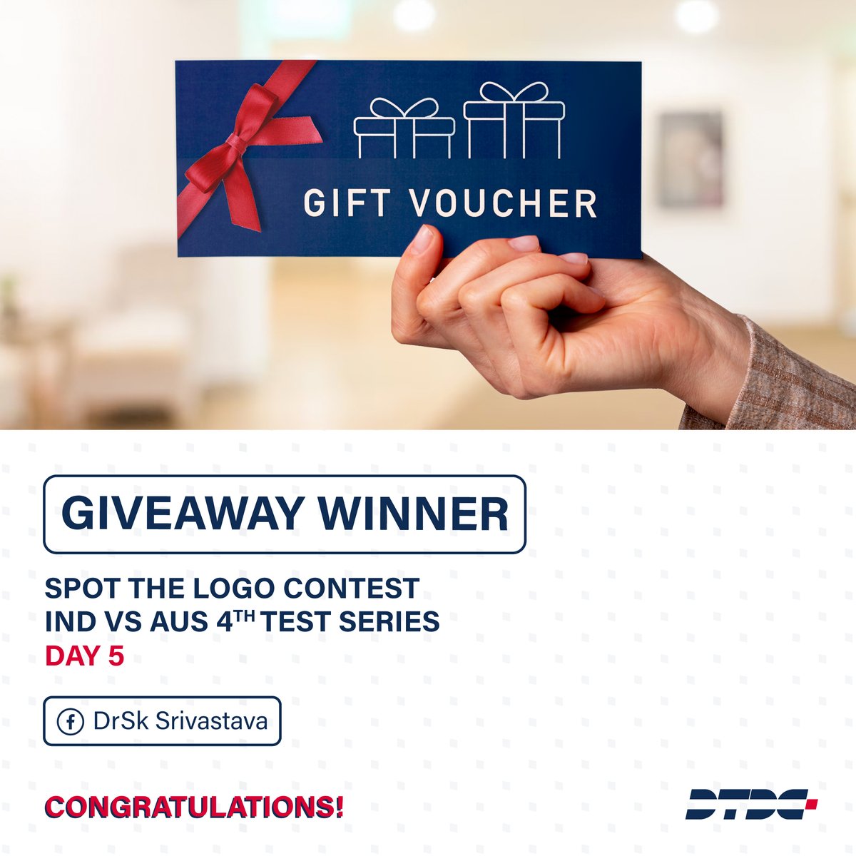 DTDCIndia's tweet photo. A huge congratulations to our winner of Spot the Logo Contest for Day 5 of Ind vs Aus 4th Test Series. 🎊

#Contest #Giveaway #Winner #NewIdentity #IndVsAus #4thTestSeries #DTDC #AmazonVoucher https://t.co/MrDhAakNDM
