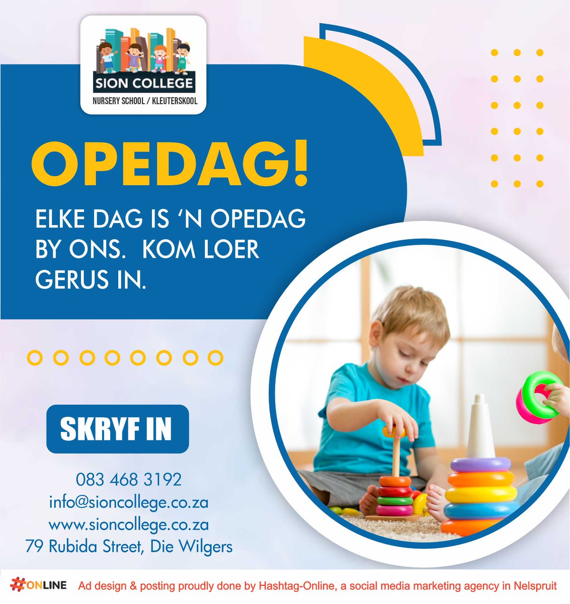 CollegeSion's tweet photo. Sion College is regtig 'n fantastiese plek vir elke kind!

Ons is 'n veilige en warm omgewing waar jou kleinding vanaf 4 maande oud kan begin leer en groei.

Website: https://t.co/0ZHbS52fgs

#sioncollege #childcare #daycare https://t.co/kAsb5otbkF