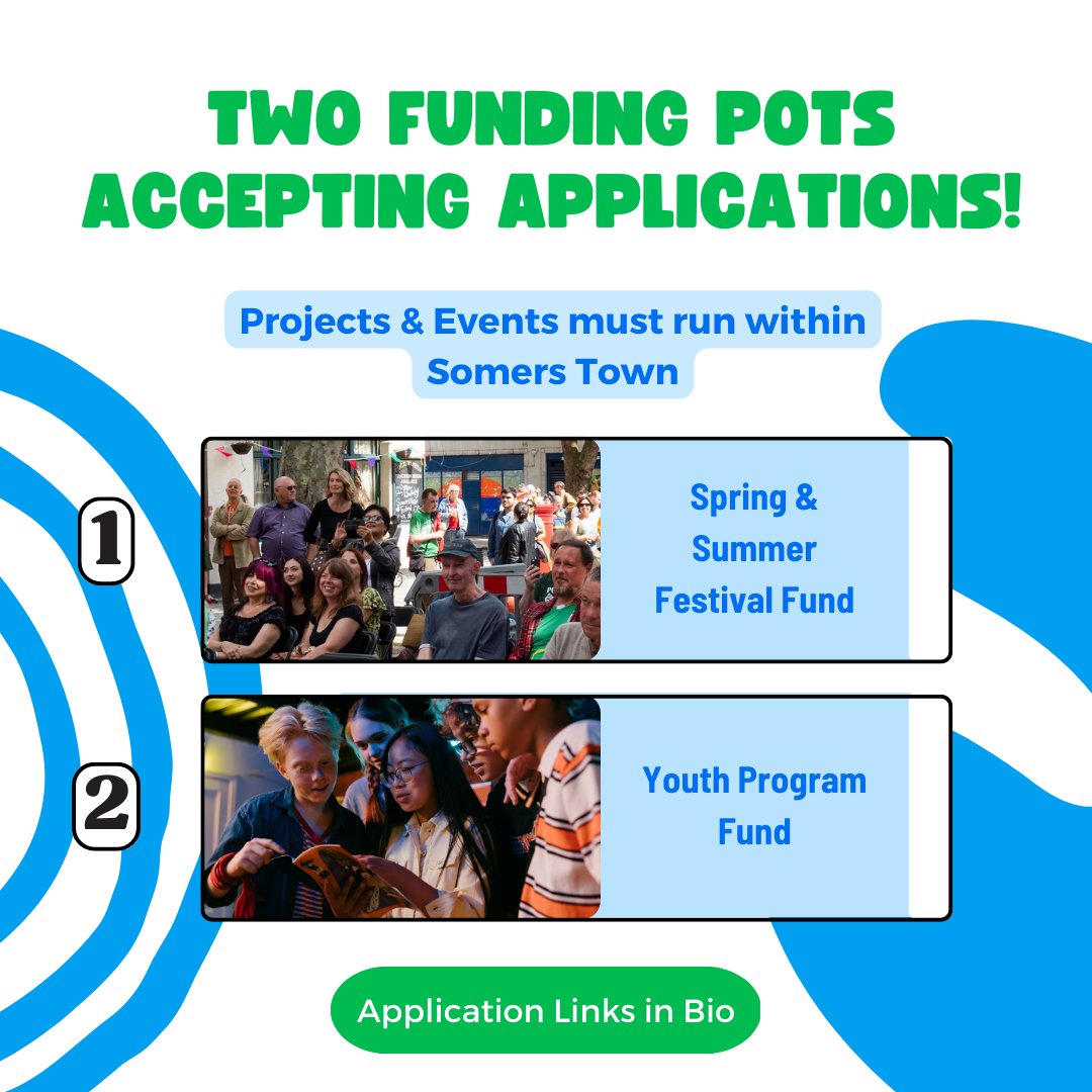 Quick reminder that we've got two pots of funding currently accepting applications! If you're interested in learning more, head over to linktr.ee/somerstownbl or email info@stbl.org.uk for more information.