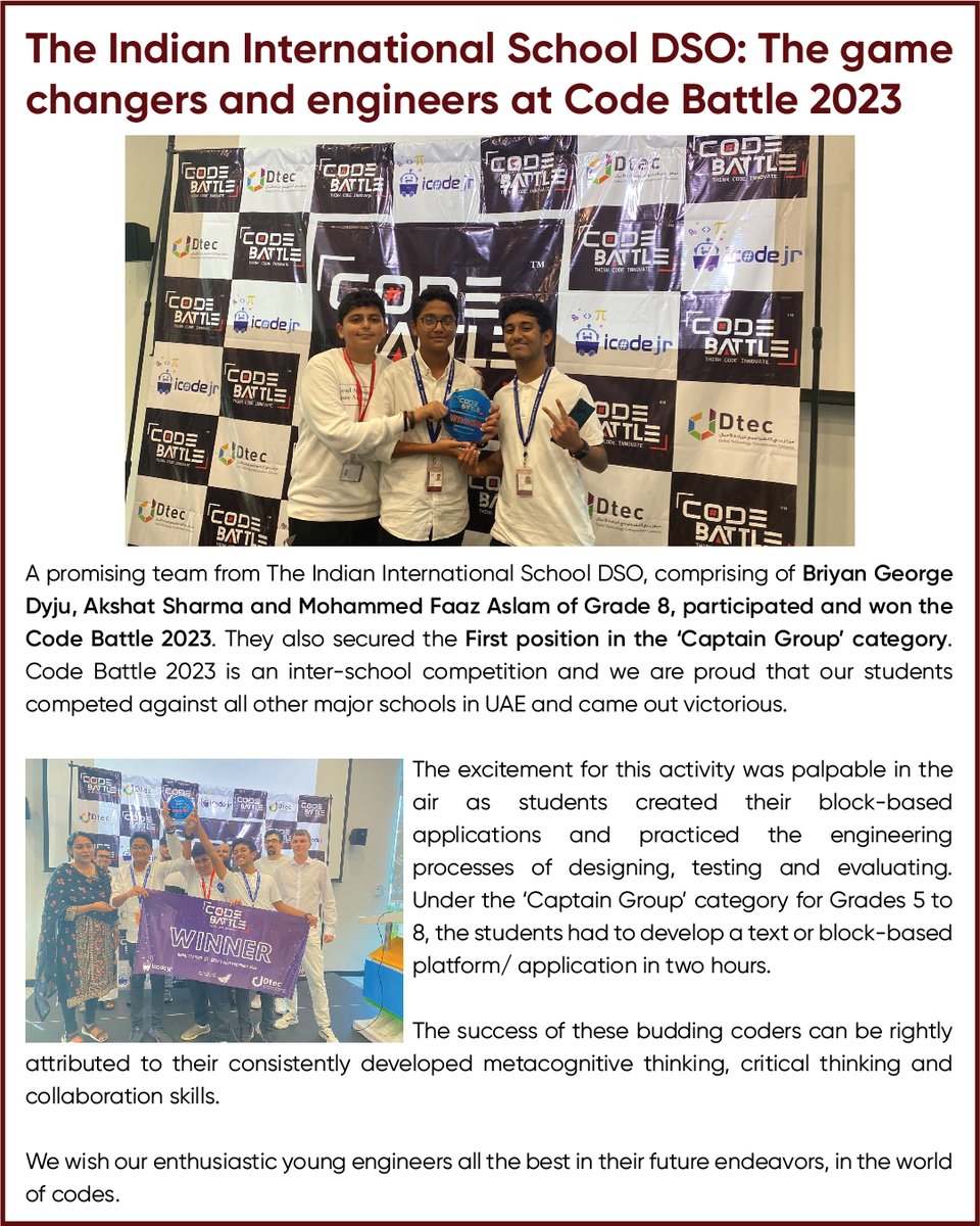 IIS_DSO's tweet photo. The Indian International School DSO: The game changers and engineers at #CodeBattle 2023. @KHDA @cbseindia29 @TeachersOfDubai https://t.co/ukM7SrFxEu