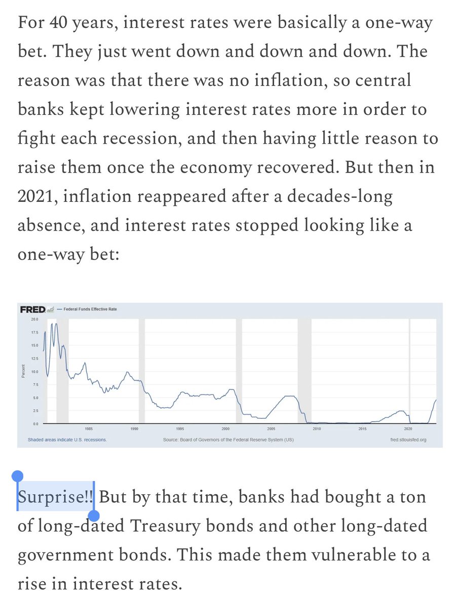 balajis's tweet photo. The Fed caused the banking crisis. Surprise rate hikes devastated the balance sheets of hundreds of banks — not just SVB. 

Because all of them followed the same guidance, and bought the same assets, from the same vendor, who devalued them in the same way, at the same time.

Their mistake? They thought buying long-dated Treasuries and similar bonds from the US government was the safest bet you could make.

It turned out to be the riskiest. https://t.co/A92sdOGjL1