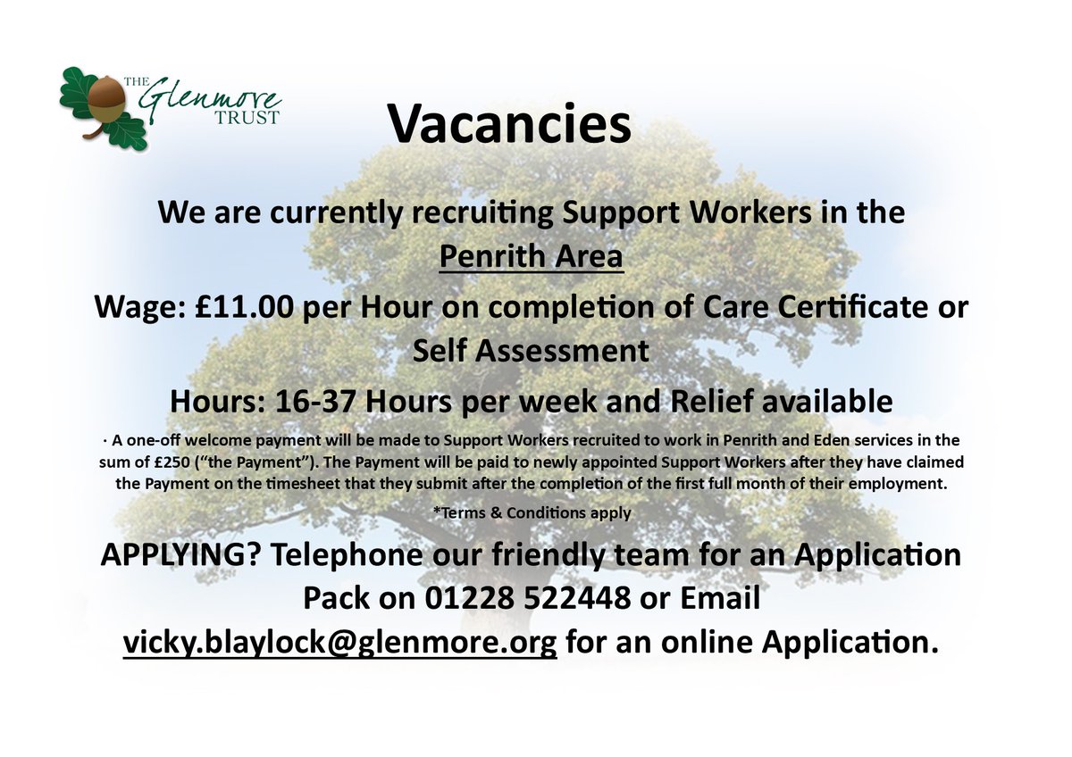 WE ARE RECRUITING 💚🌳💚🌳💚
Who wants a new, exciting, rewarding career with Job satisfaction &amp; £250 in the bank as well as a good competitive wage in the Care sector!!! 💷💚💷💚
#wearerecruiting #recruitment #careergoals #support #rewarding #supportworker #eden #penrith