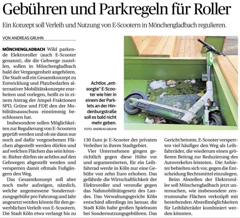 TorbenSchultz's tweet photo. Noch sind wir die gefährlich im Weg liegenden #EScooter noch nicht los, aber #Mönchengladbach ist einen Schritt weiter. Anders als die RP berichtet war es aber ein gemeinsamer Antrag von #SPD, #Grüne, #FDP und #LINKE. Artikel hier als #ePaper:
https://t.co/61zmWTkfRN
1/2 https://t.co/jZbRvkwsOy