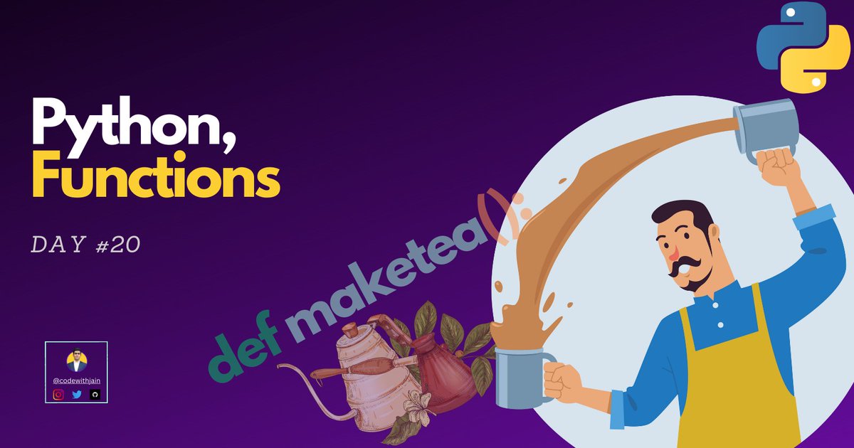 CodewithJain's tweet image. Day #20 - Functions in Python
{ by @CodewithJain } from @hashnode
#python #programmingblogs #webdevelopment #coding #beginners codewithjain.hashnode.dev/day-20-functio…