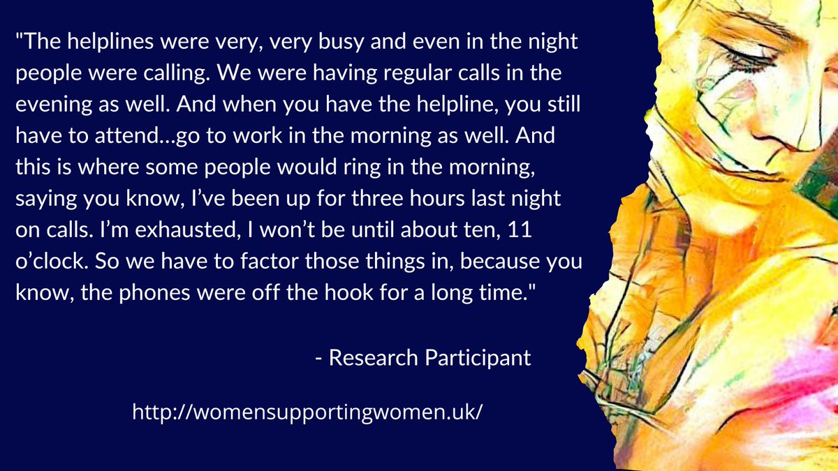 Demand for #SupportServices increased during #Covid19. To meet the demand many services provided #helplines for #ServiceUsers. This often meant being 'on call' all hours of the day/night & also bringing trauma into one's home with negative impacts on staff bit.ly/3mTTTl2
