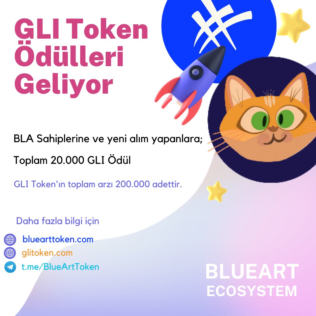 GLI Token, 20 Mart günü Pinksale platformundan önsatışa açılacaktır. 
Ücretsiz ödülleri kazanabilmek için BLA token sahibi olmalısınız. Başvuru formu çok yakında paylaşılacaktır.

Web: BlueArtToken.com
NFT Marketplace: BlueArt.io
#GLI #BlueArt #BLA #Memetoken