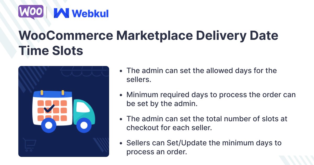webkul's tweet image. &quot;Never miss a delivery again! 📦🕰️

Now your eCommerce customer can easily schedule their delivery time and date with the help of WooCommerce Marketplace Delivery Date Time Slots.

Get it 👉 bit.ly/3yDgTXU

#WooCommerce #DeliveryDate #TimeSlots #ShopOnline