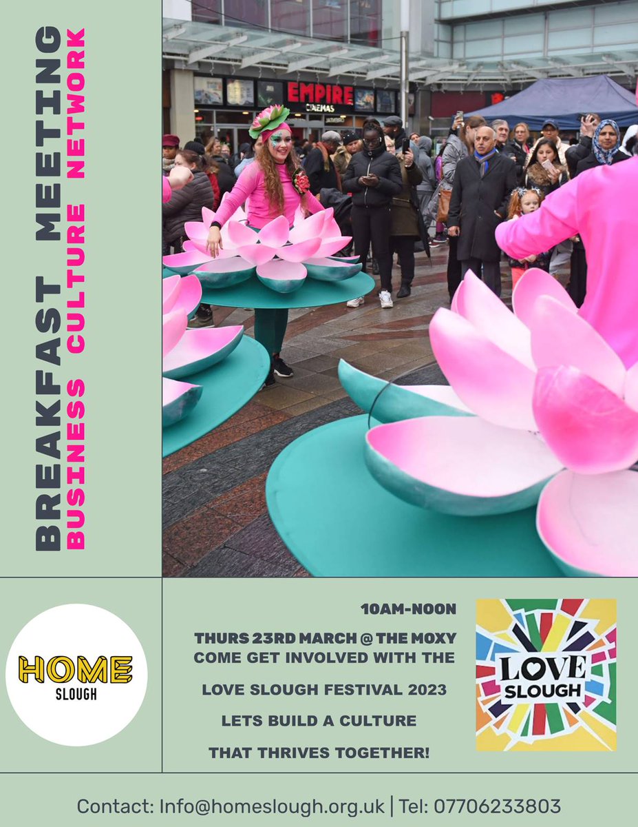 HOMESlough's tweet photo. Business and culture network breakfast meeting at The Moxy, Thurs 23rd Mar 10am-noon.
Join us to discuss the future of LOVE Slough festival. Have your input as a local business- tell us what you'd like to see at our central Slough extravaganza!
https://t.co/SES7BZfu9K https://t.co/HCKZtshvsI