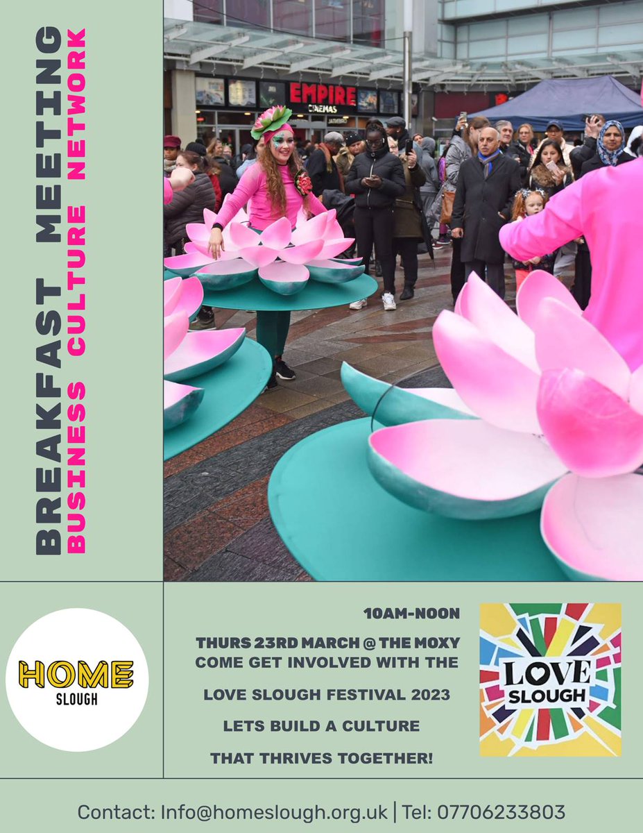 Business and culture network breakfast meeting at The Moxy, Thurs 23rd Mar 10am-noon. Join us to discuss the future of LOVE Slough festival. Have your input as a local business- tell us what you'd like to see at our central Slough extravaganza! bit.ly/3mVVfLT