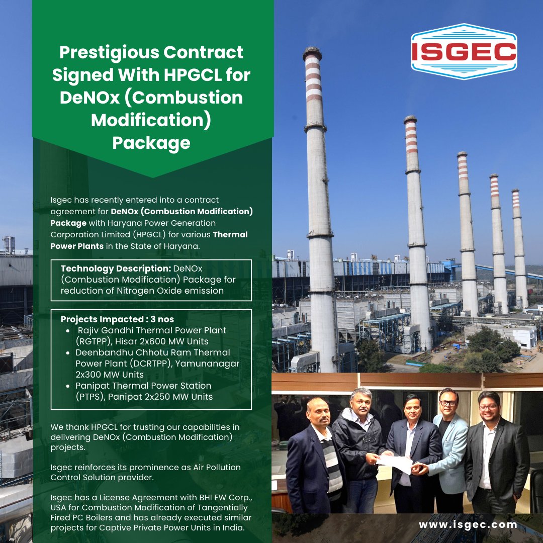 Isgec_engg's tweet photo. Isgec has entered into a new contract agreement for DeNOx (combustion modification) for multiple thermal power units in Haryana.
We are thankful to the client for their continued faith and trust on us.
@Isgec_engg
#Isgec #sustainability #cleanenergy #DeNOx #HaryanaPower #APCE https://t.co/IPcpk87vu0