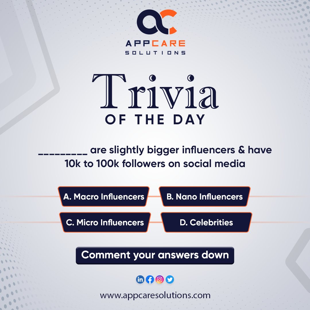 appcaresolutio's tweet photo. Are you ready for the quiz of the day?
Test your knowledge and see if you can get the right answer.
Comment below with your guess, and let's see who comes out on top!
#TriviaOfTheDay
.
.
#appcare #appcaresolutions #triviaquiz #quizoftheday #influencermarketingagency #influencermarketing #trivia #guessinggame #socialmediamarketingagency #socialmedia #seo #sem #digitalmarketingexpert #digitalmarketingagency #onlinemarketingagency #marketingagency #advertise #advertisingagency