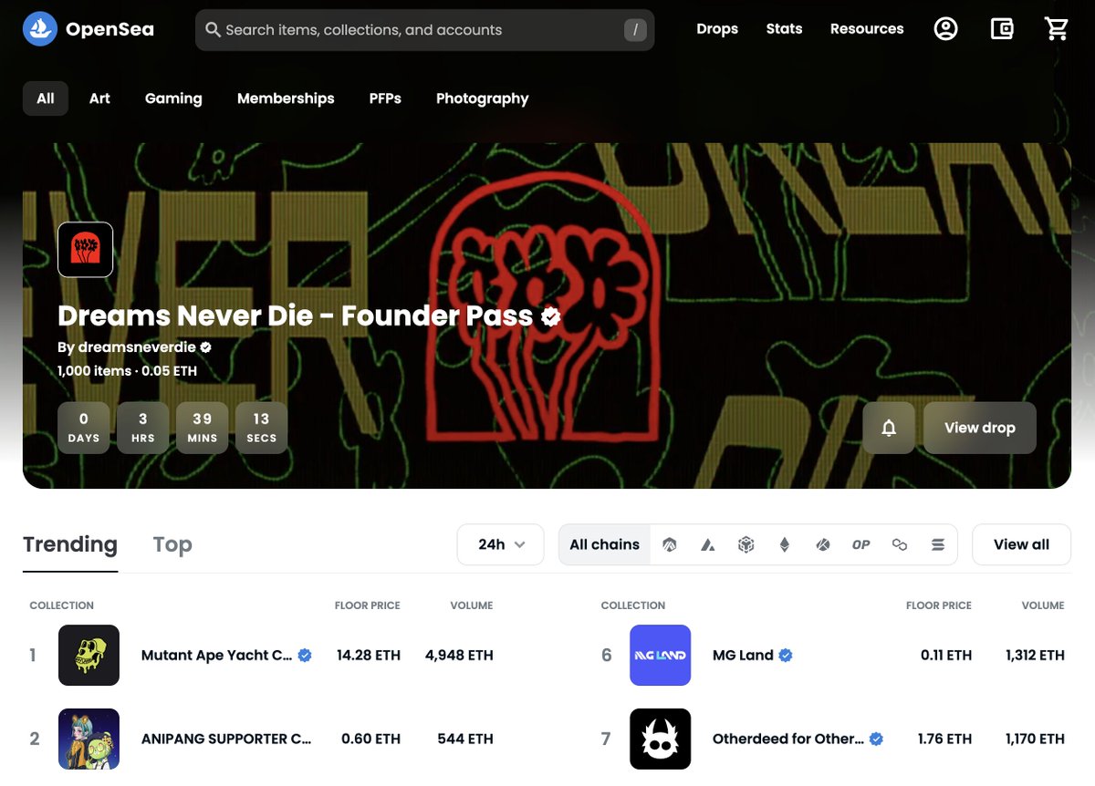 Dreams Never Die is on the homepage of OpenSea today.

What is it?

An access-pass to one of the best indie record labels out there.

Learn more —-> <a href="/dreamsnevrdie/">Dreams Never Die</a>
