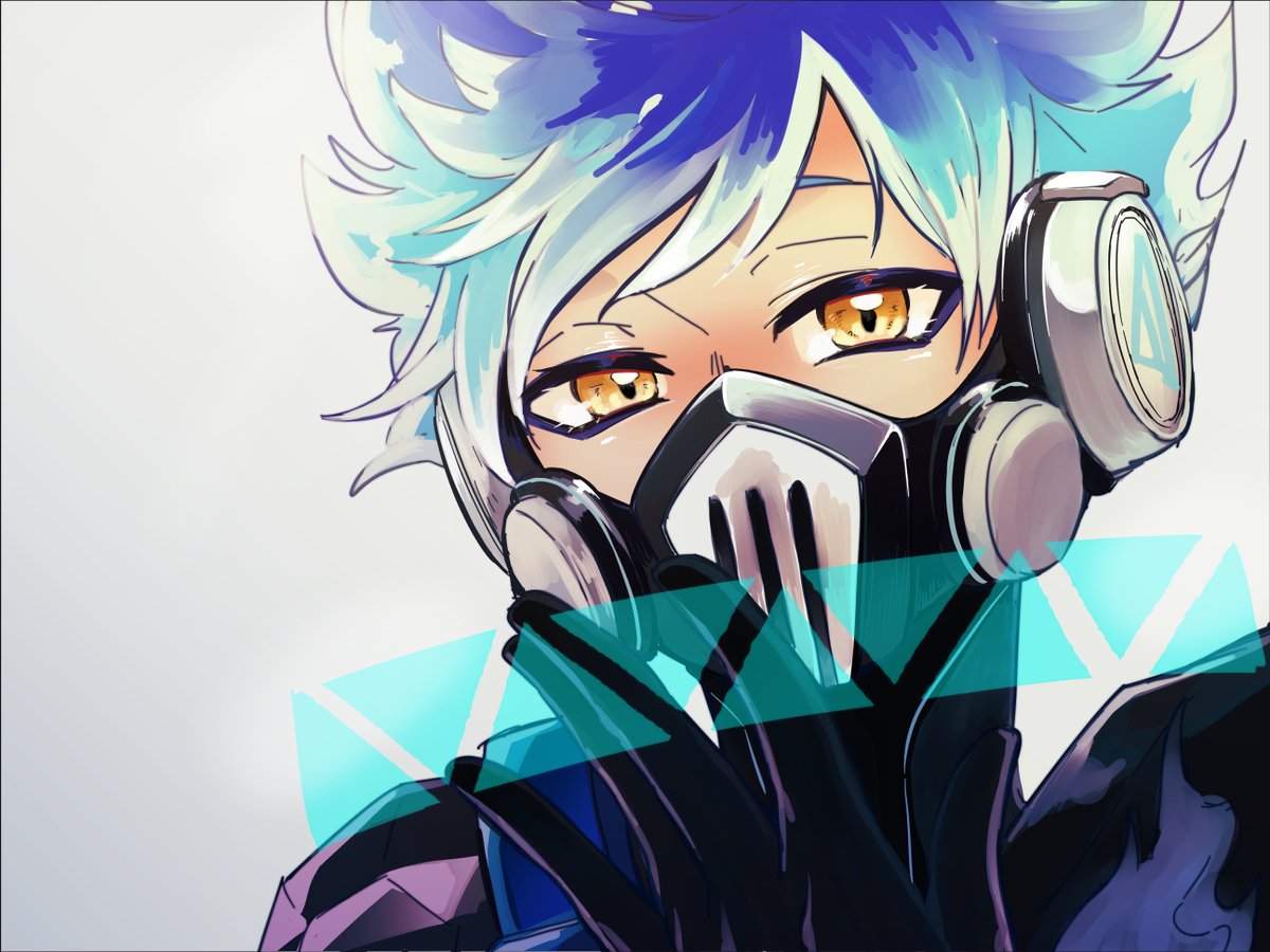 respirator 1boy male focus mask solo looking at viewer blue hair  illustration images