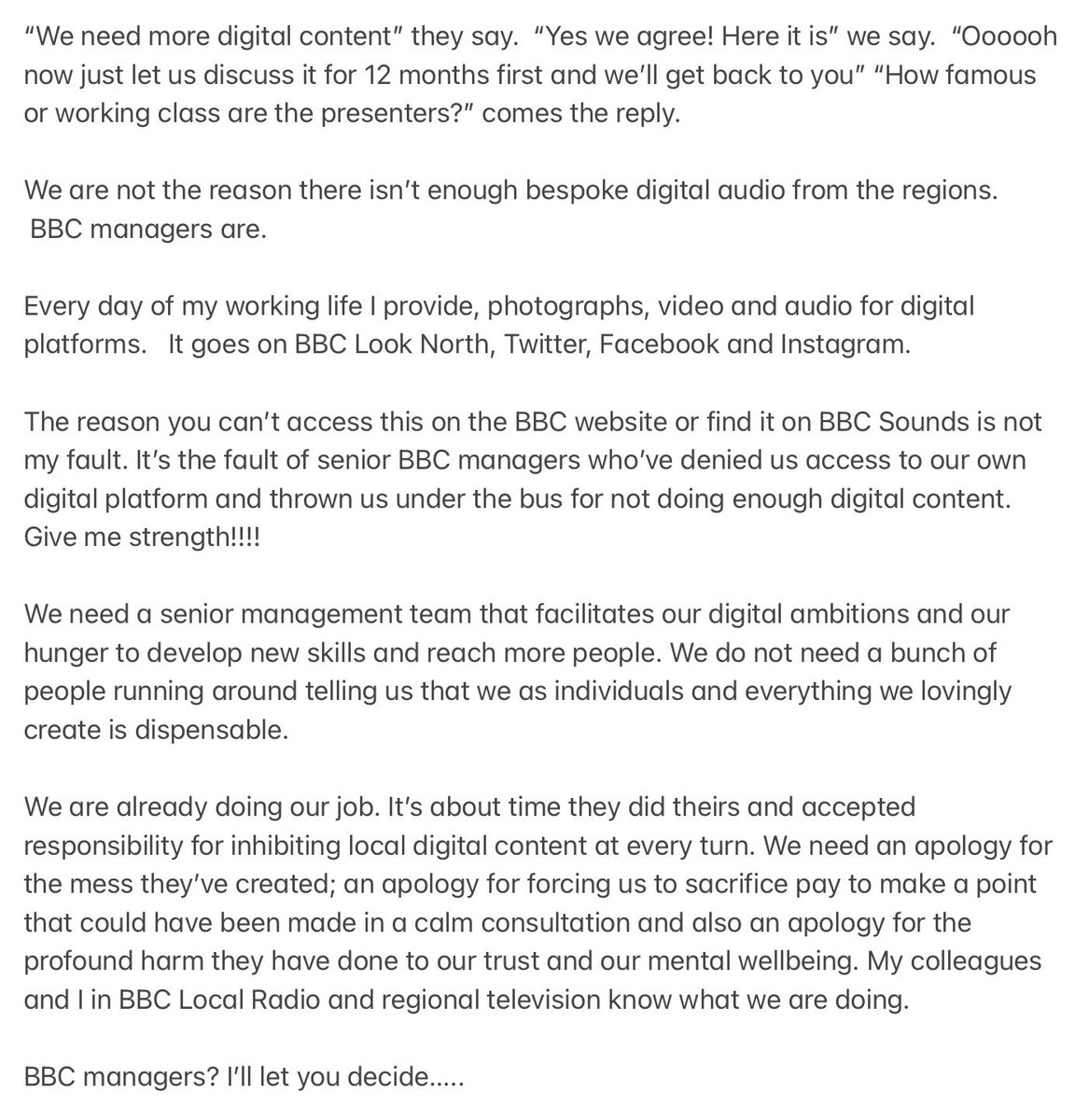 I am not the reason there’s not enough local digital content on the BBC. 

BBC senior management is 👇🏻

#NUJBBCStrike #KeepBBCLocalRadioLocal