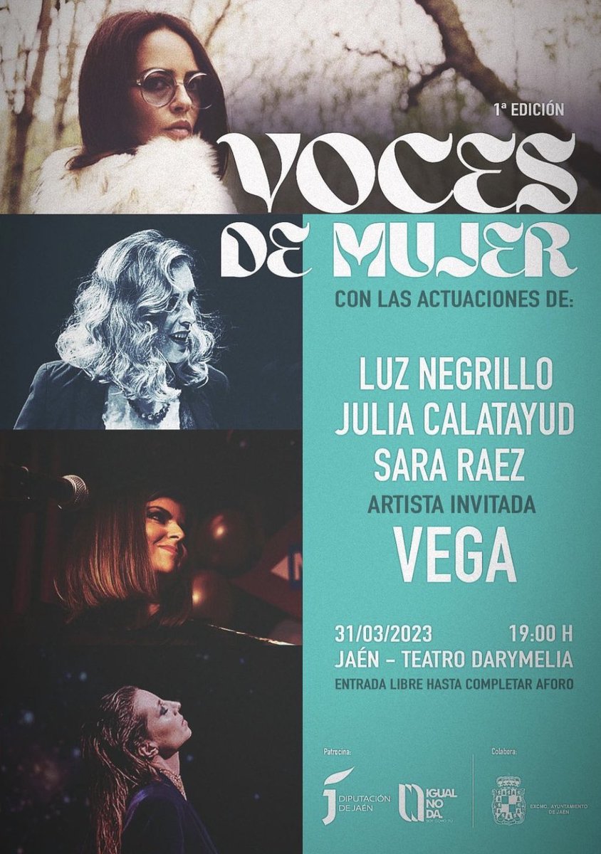 Vega's 🆙 (@_vegaland_) on Twitter photo El próximo 31/03/2023 #Jaén está de suerte 😍
<a href="/VEGAOFICIAL/">Vega</a> actuará en la 1ª Edición del festival VOCES DE MUJER 💜
Junto a <a href="/LuzNegrillo/">Mariluz Negrillo</a>, <a href="/JuliaCalatayud/">Julia Calatayud</a> y <a href="/sararaez/">SARA RÁEZ</a> 🫶🏼
🕖19:00h
🎭 TEATRO DARYMELIA
+INFO cadenaser.com/andalucia/2023… El próximo 31/03/2023 #Jaén está de suerte 😍
<a href="/VEGAOFICIAL/">Vega</a> actuará en la 1ª Edición del festival VOCES DE MUJER 💜
Junto a <a href="/LuzNegrillo/">Mariluz Negrillo</a>, <a href="/JuliaCalatayud/">Julia Calatayud</a> y <a href="/sararaez/">SARA RÁEZ</a> 🫶🏼
🕖19:00h
🎭 TEATRO DARYMELIA
+INFO cadenaser.com/andalucia/2023…