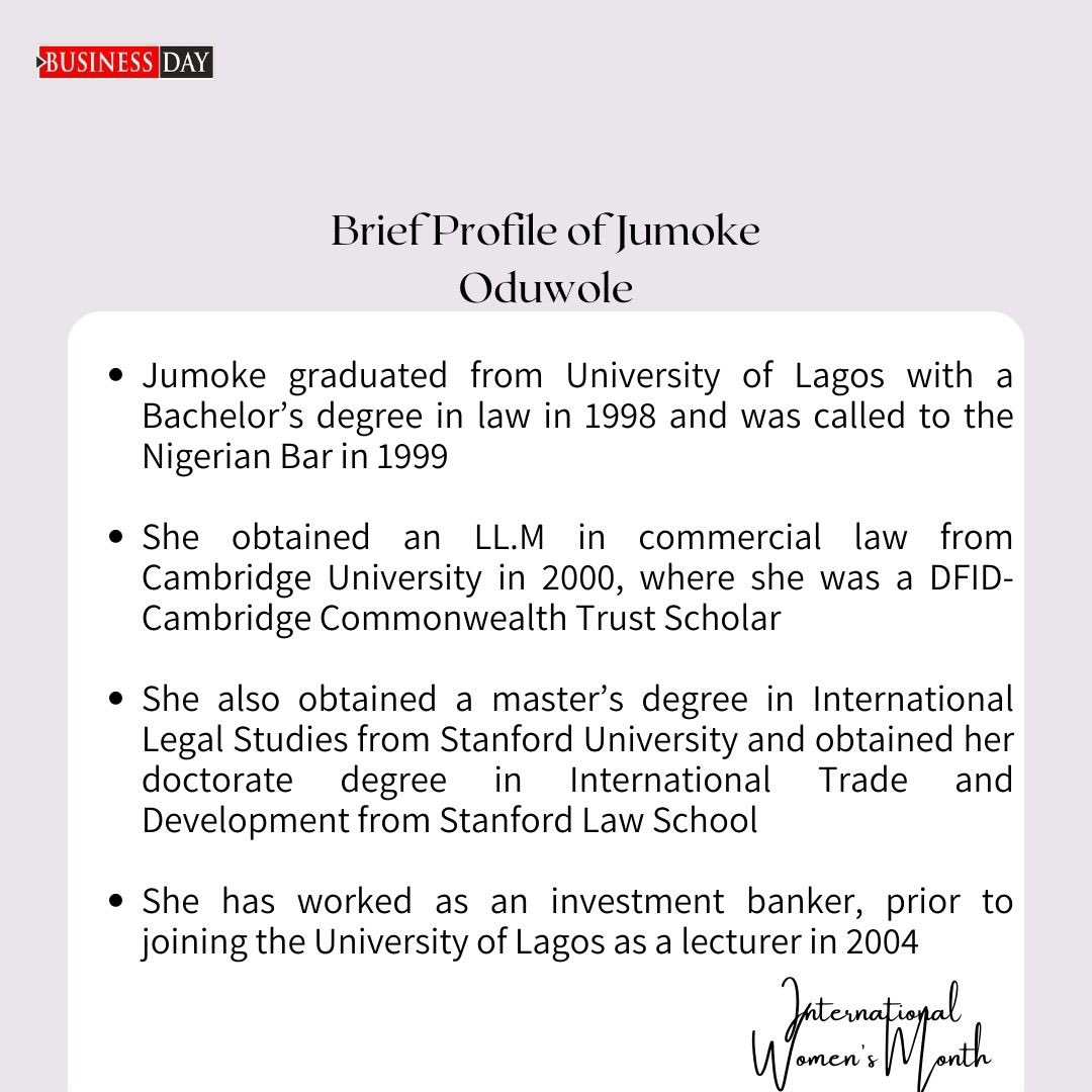 BDLegalBusiness's tweet photo. We celebrate Dr Jumoke Oduwole, executive secretary of the Presidential Enabling Business Environment Council (PEBEC

She is the special adviser to the President on Ease of Doing Business.

In this month of March, we celebrate all the women of the world. Here is to powerful women https://t.co/9cq8D5jyyn