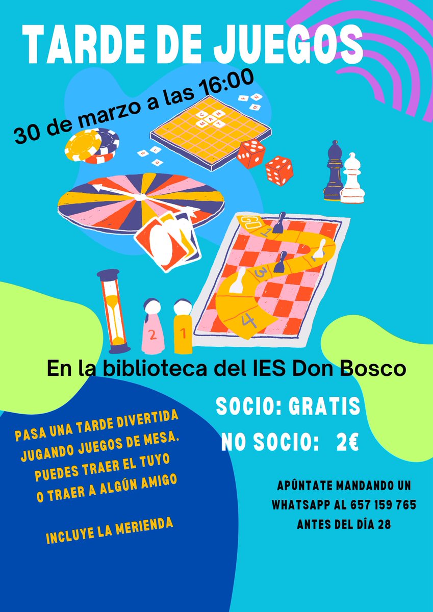 La AMPA del centro organiza una tarde de juegos el próximo 30 de marzo con merienda incluida 🍊🥞🥪
¡¡Animaros!! ¡¡Va a ser muy divertido!!😆