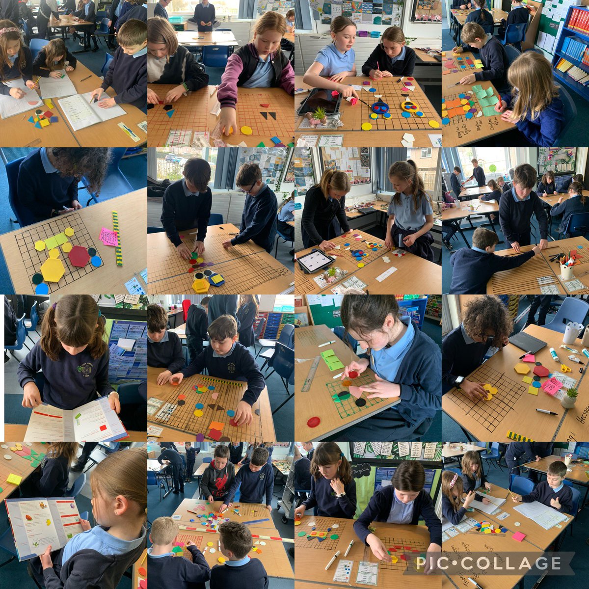 Mesuron ni yn ofalus wrth greu ein grid ac yna trafodon ni enwau siapau, ochrau, fertigau, cymersuredd ac onglau! Prysur, prysur!

We measured carefully to make our grid then went on to discuss shapes, corners, vertices, symmetry and angles! Busy, busy!

#dosbarthbranwen