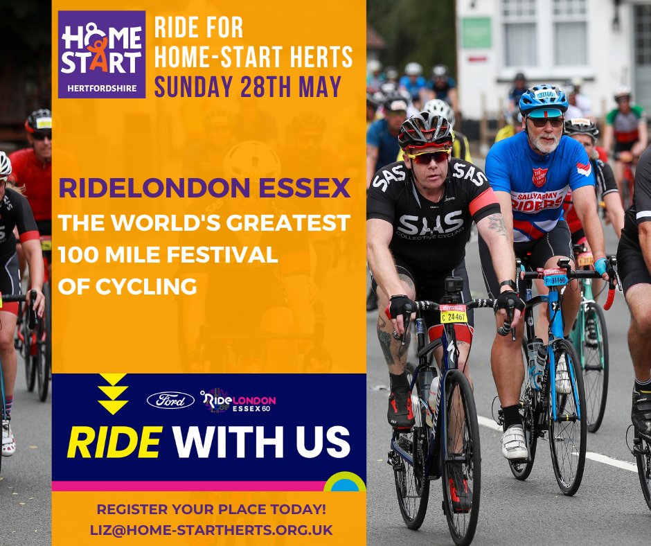 HomeStartHerts's tweet photo. We have 2 charity places left to fill for this years @RideLondon Essex-100 🚴
Ride for #HomeStartHerts and help raise funds to support families with young children in your local community.
Email liz@home-startherts.org.uk
#RideforHSH #RideLondon #fundraising #cycling https://t.co/SLIW2BfdHN