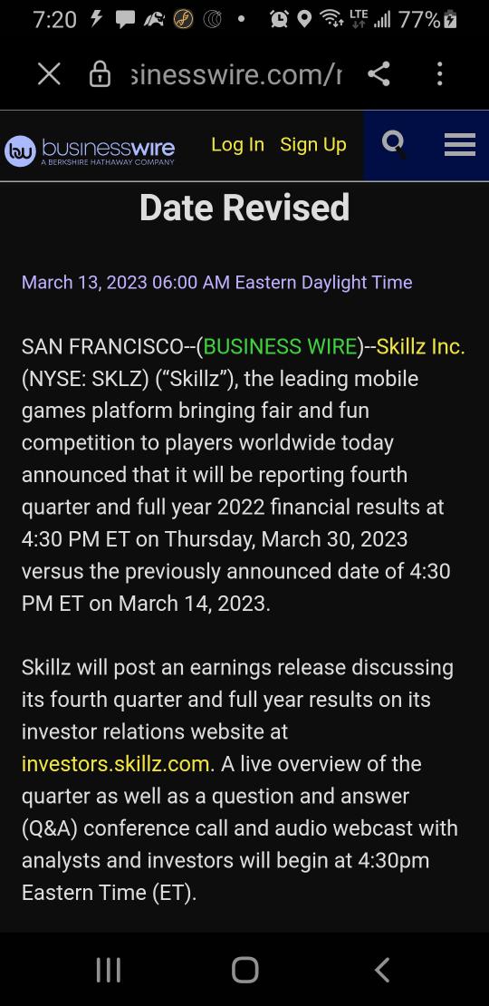 AndrewKittle4's tweet photo. $SKLZ normally it is not a good sign when they push the goalposts out for an ER so I expect a slight pullback to then buy ahead of Earnings because they moved the date to the end of Q1 which is the day before rebalancing into Q2. Therefore I expect good Earnings to boost Q2. Imo https://t.co/Zqta0OpOYv
