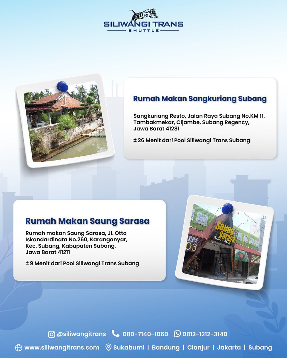 SiliwangiTrans's tweet photo. Nih MinSil kasih rekomendasi Kulineran Subang yang SilFriend wajib coba !! 

Semakin mudah dan nyaman perjalanan kamu dengan Siliwangi Trans !

Siliwangi Trans
Travel ®️ Sukabumi | Bandung | Cianjur | Jakarta | Subang
Customer Service :
Phone : 080-7140-1060
WA : 0812-1212-3140 https://t.co/3hKuMPHmue