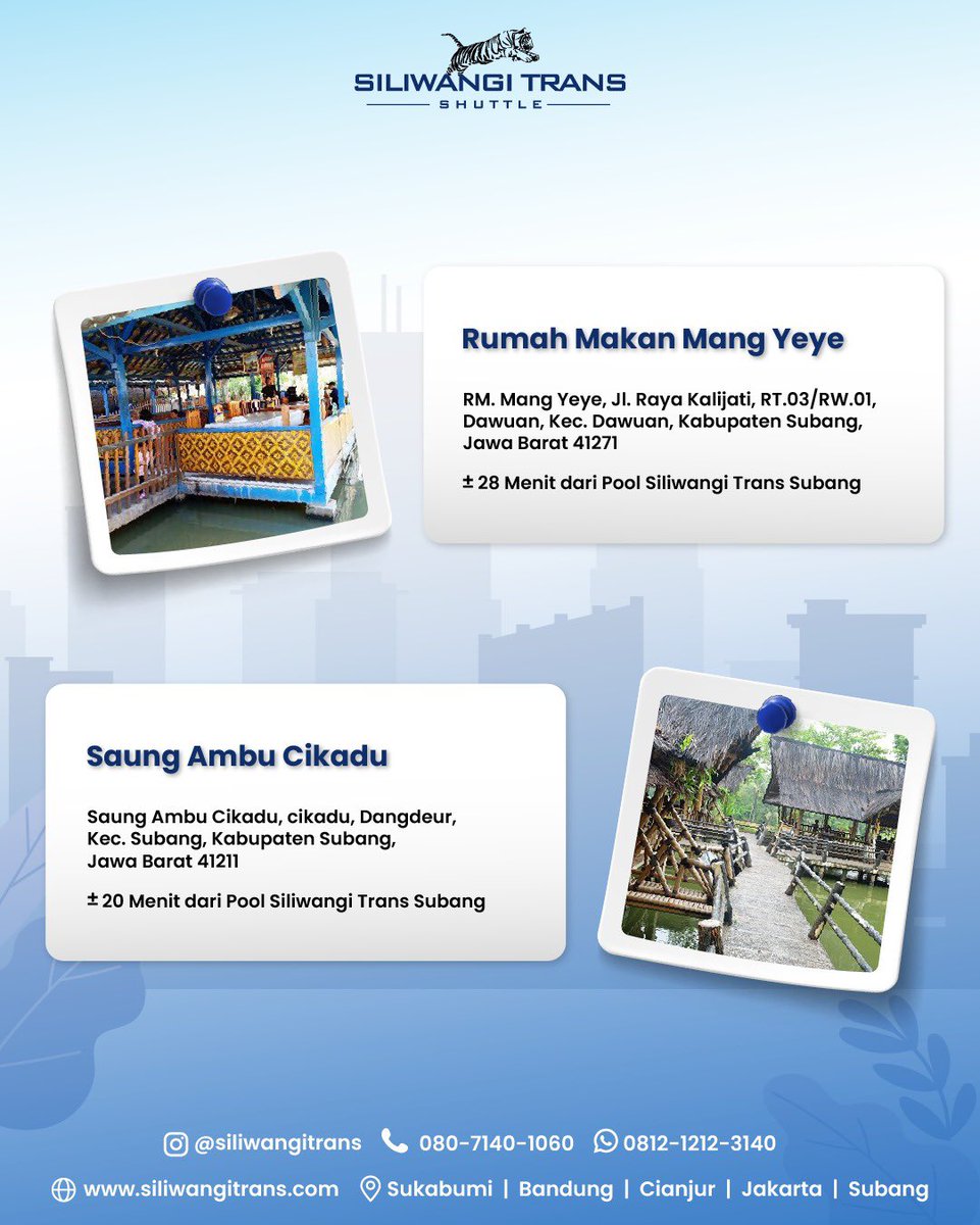 SiliwangiTrans's tweet photo. Nih MinSil kasih rekomendasi Kulineran Subang yang SilFriend wajib coba !! 

Semakin mudah dan nyaman perjalanan kamu dengan Siliwangi Trans !

Siliwangi Trans
Travel ®️ Sukabumi | Bandung | Cianjur | Jakarta | Subang
Customer Service :
Phone : 080-7140-1060
WA : 0812-1212-3140 https://t.co/3hKuMPHmue