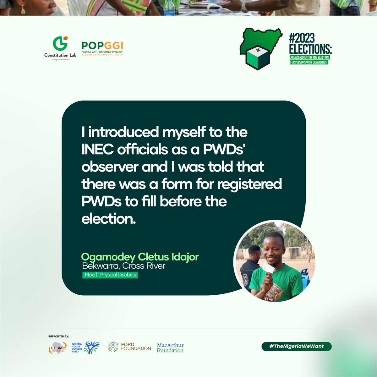 ConstitutionLab's tweet photo. See what our PWD voter has to say about his experience during the presidential election.

#2023elections #TheNigeriaWeWant https://t.co/JwDg58vTj6
