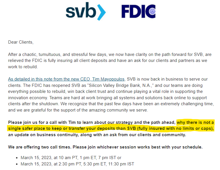 charliebilello's tweet photo. Silicon Valley Bank is now marketing themselves as the single safest "place to keep or transfer your deposits (fully insured with no limits or caps)." https://t.co/HLg6D0q5We