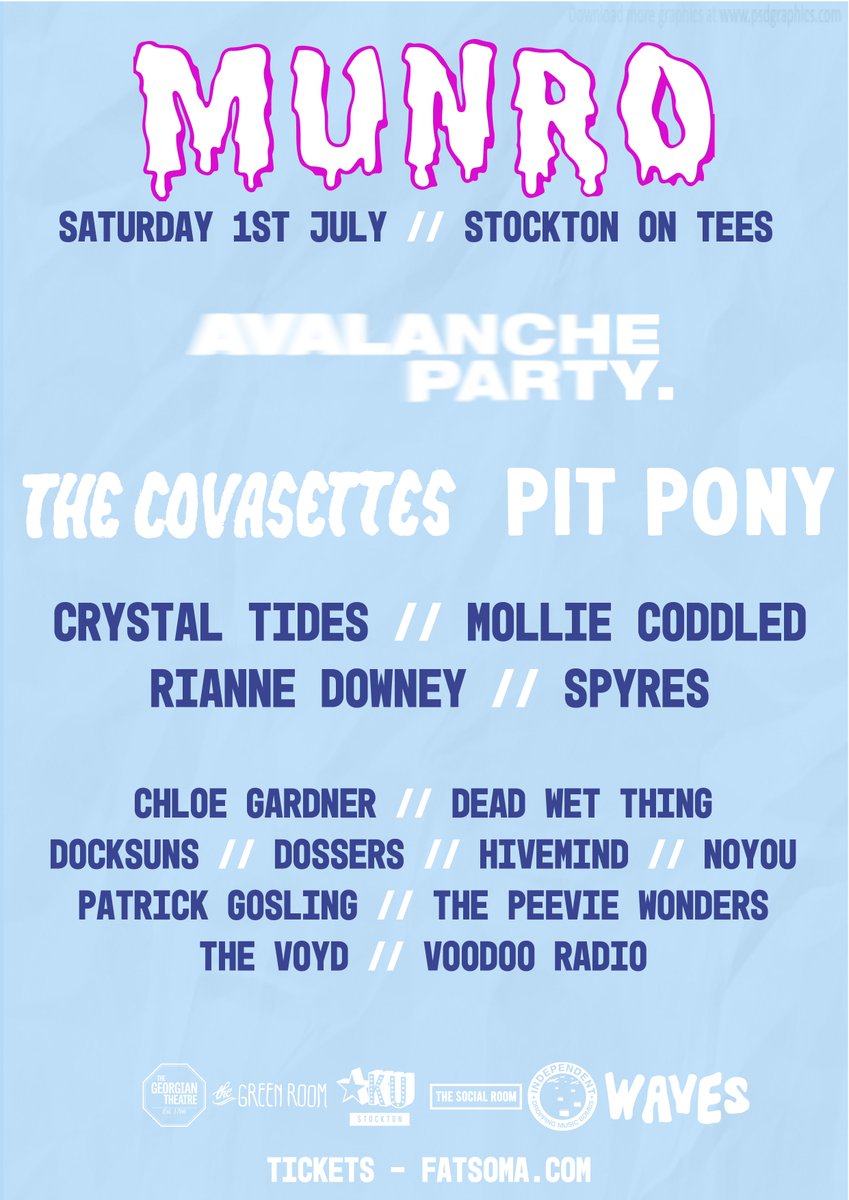 Saturday 1st July
<a href="/MunroFestival/">MUNRO Festival</a> will be running for the fifth year in a row! 
Featuring the likes of <a href="/TheCovasettes/">The Covasettes 🐄</a>, <a href="/pitponyband/">Pit Pony</a>, <a href="/crystaltidesuk/">Crystal Tides</a>, <a href="/riannedowney_/">Rianne Downey</a>, <a href="/noyoumsc/">noyou</a>, <a href="/voodooradioband/">VOODOO RADIO</a> and more! 

🎟️ - fatso.ma/XuKa
This isn't the full line up*