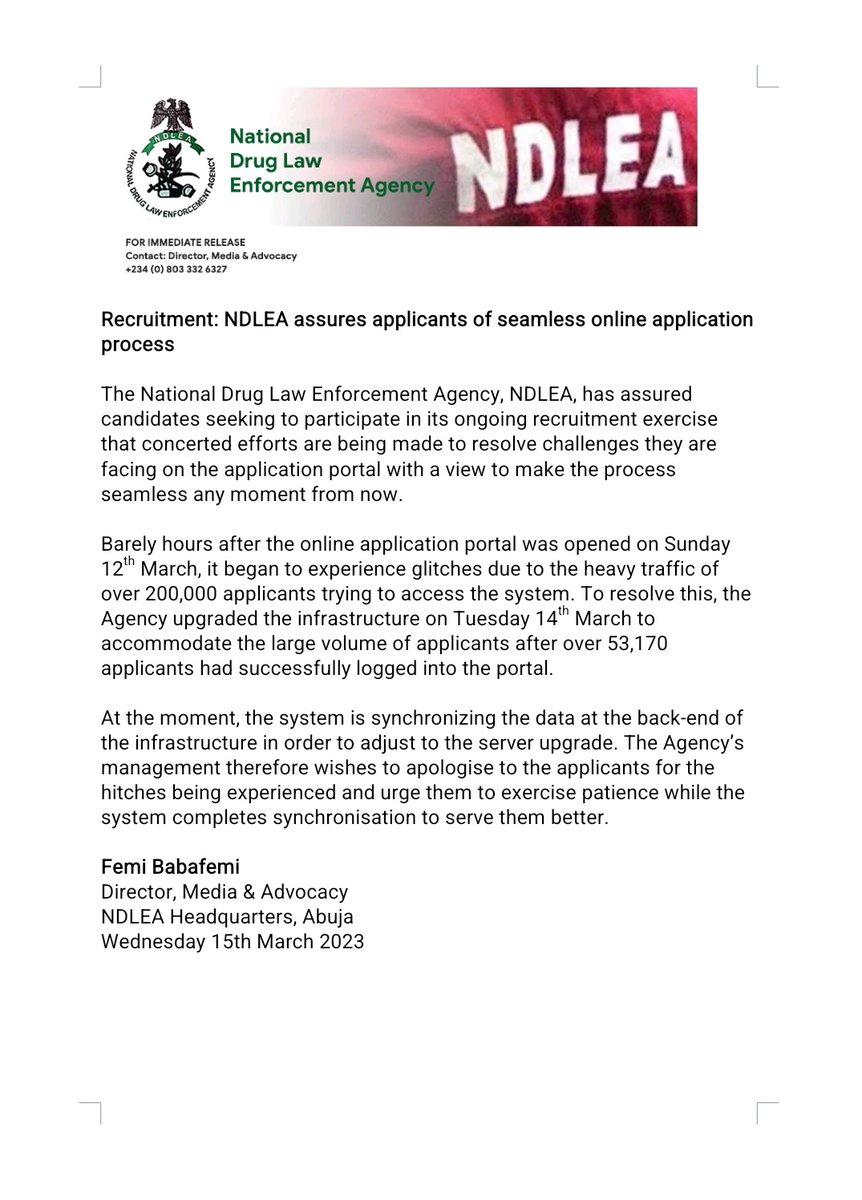 DTintimi's tweet photo. Recruitment: NDLEA assures applicants of seamless online application process https://t.co/nWd5ijBOHX
