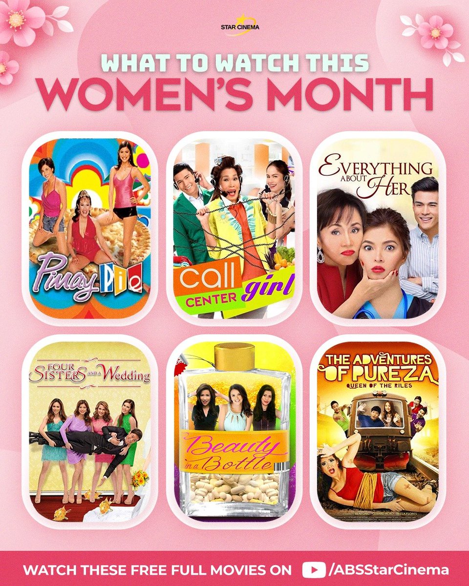 StarCinema's tweet photo. Women are powerful!๐ช๐
โจ
Celebrate #WomensMonth with these FREE FULL MOVIES:
โฃ Pinay Pie https://t.co/neHBsJhCLG
โฃ Call Center Girl https://t.co/ca2mCPREwe
โฃ Everything About Her https://t.co/whOdIZwWP9
#PinayPie #CallCenterGirl #EverythingAboutHer https://t.co/uxUQU1SWJ5