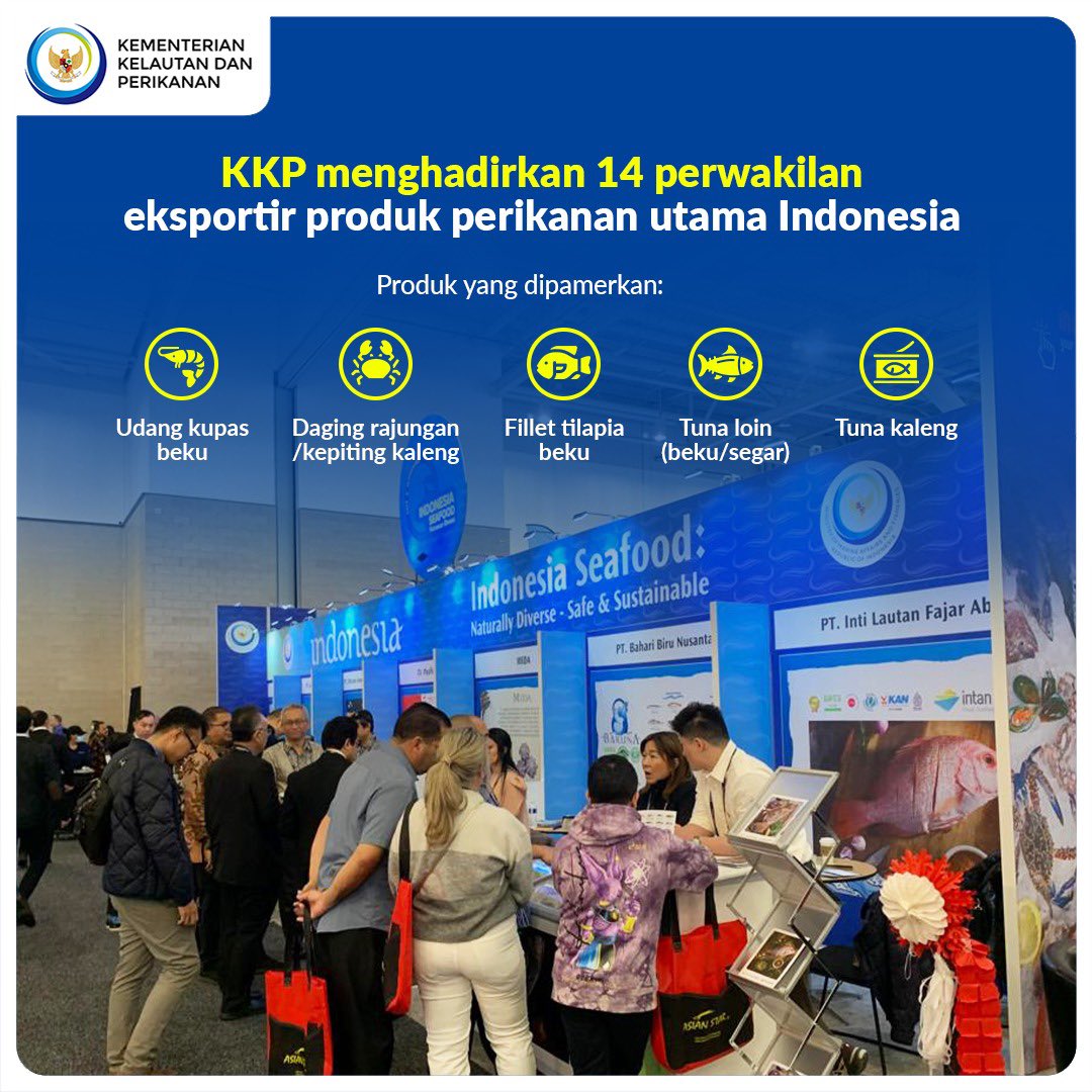 kkpgoid's tweet photo. Produk Perikanan Indonesia ikut ambil bagian di ajang Seafood Expo North America (SENA) 2023 Boston, Amerika Serikat lho! https://t.co/vXbeMSyKej