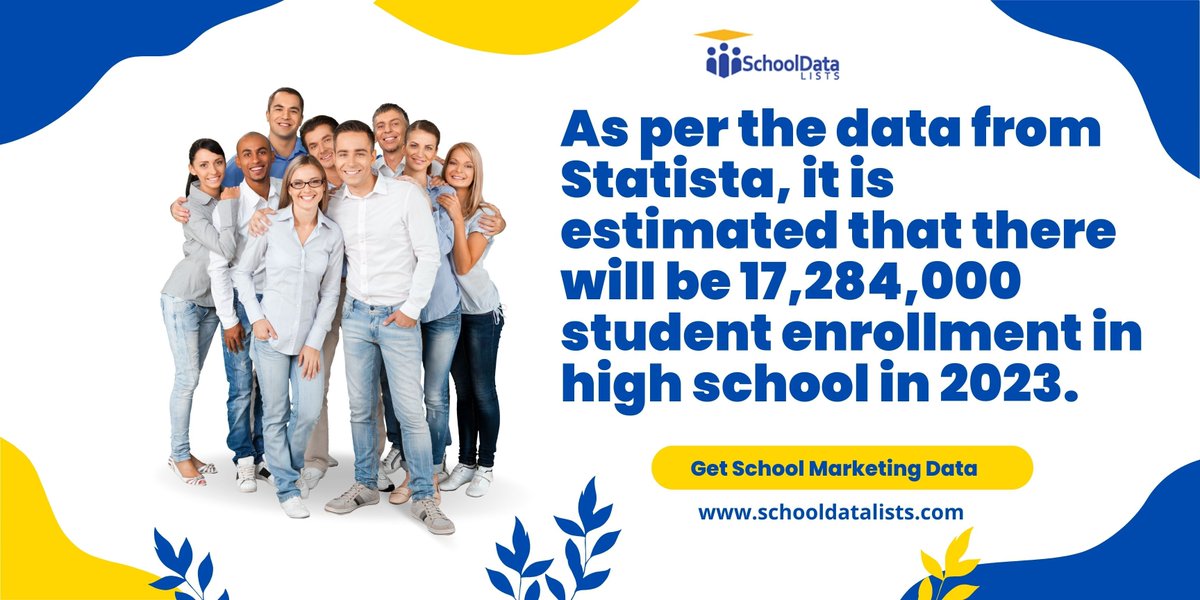 Schooldatalists's tweet image. As per the data from Statista, it is estimated that there will be  17,284,000 student enrollment in high school in 2023. ( SchoolDataLists)
schooldatalists.com
#Schoolsemaillists
#Studentemaillist
#teachersemaillist
#schooldatalists