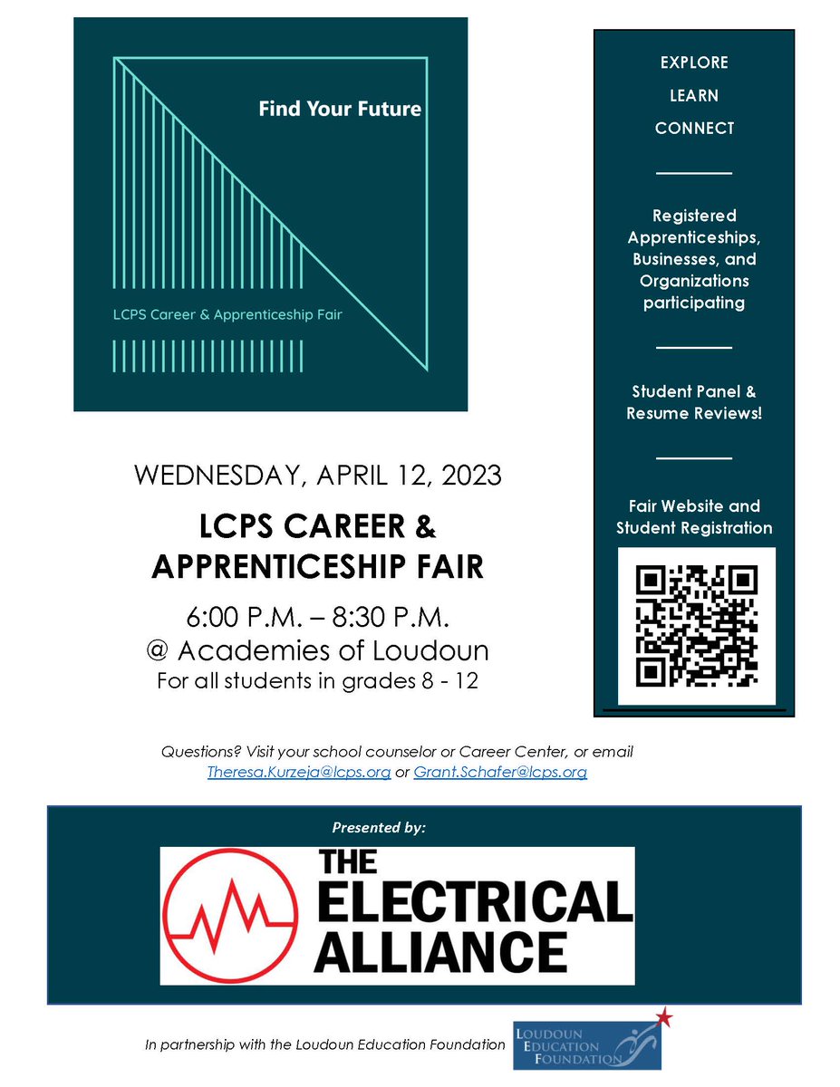 LCPSYourFuture's tweet photo. Student registration is now open for the LCPS Career &amp; Apprenticeship Fair! Scan the QR code or visit https://t.co/WJUgkL0MjP @LCPSOfficial @LCPS_Counseling @JenEvansLCPS https://t.co/scw8jWzAkv