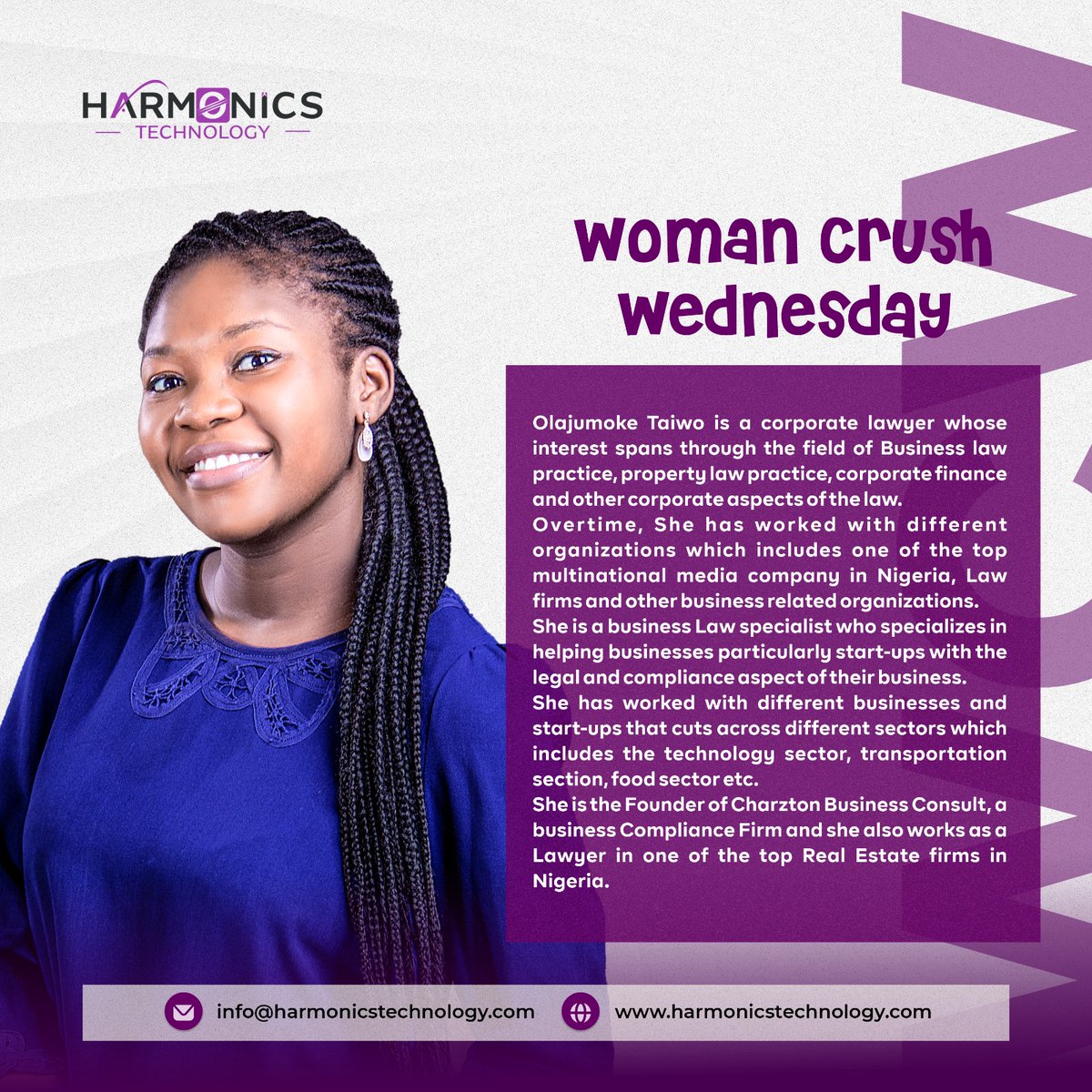 HarmonicsTech's tweet photo. For today’s #HTWCW we would like to introduce you to Olajumoke Taiwo!
A corporate lawyer whose interest spans through the field of Business law practice, property law practice, corporate finance and other corporate aspects of the law.
#WCW
#harmonicstechnology https://t.co/ZcBTeuVa0f