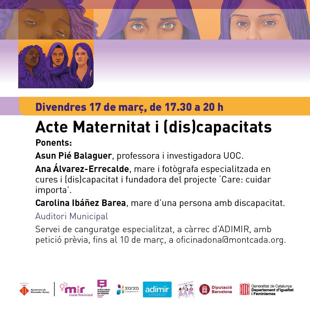 #8M #8mMIR Aquest divendres, amb unes ponents impressionants com Asun Pié, experta en (dis)capacitats des d'una mirada crítica, Ana Álvarez, fantàstica fotògrafa que ens mostrarà el projecte "CARE: Cuidar importa" i Carolina Ibánez, que aportarà el seu testimoni.
Preguem difusió!