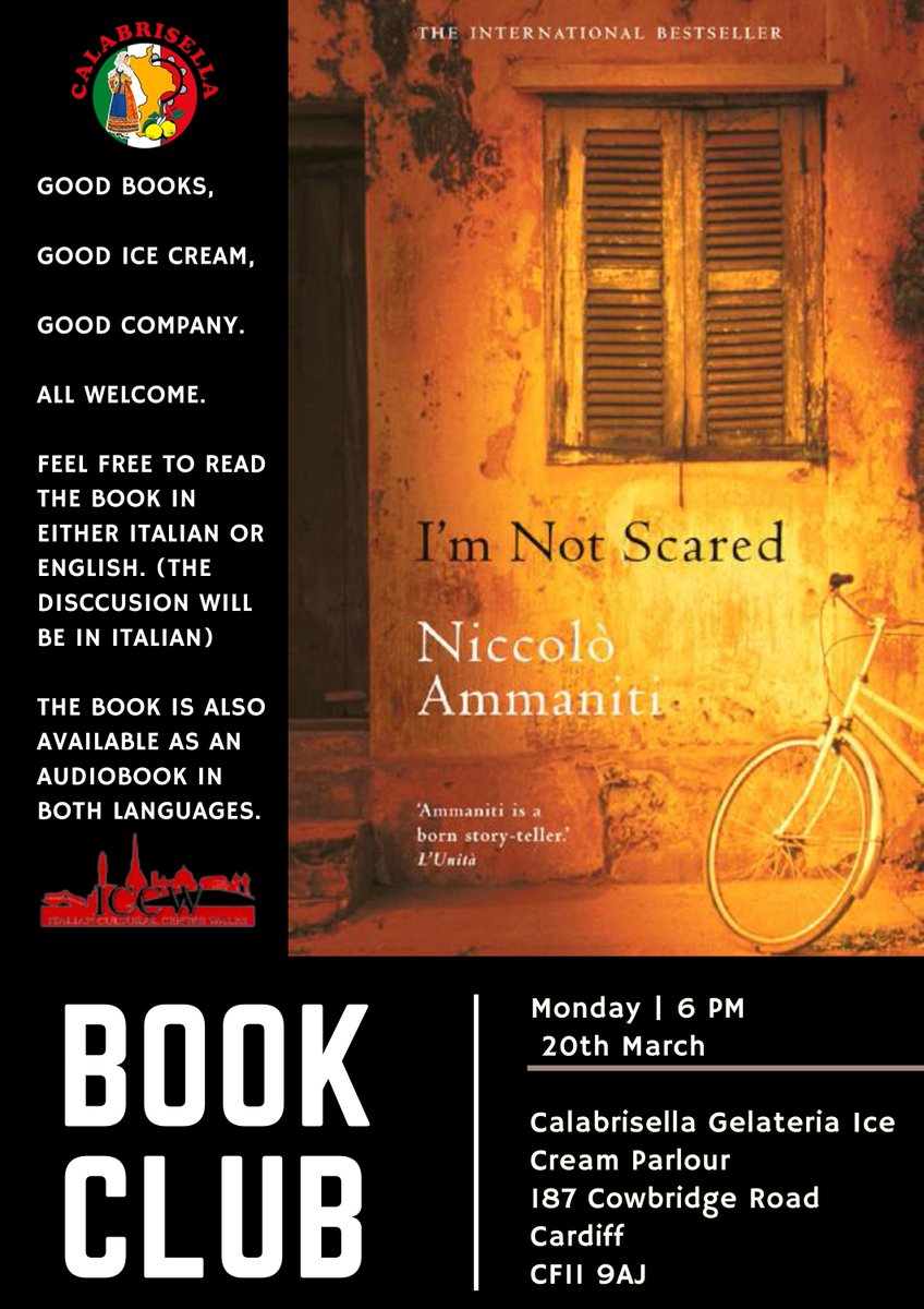 To accompany the upcoming screening of #ImNotScared by <a href="/_IFFC/">ItalianFilmFestCDF</a>  we're excited to announce the first title of our #bookclub: Ammaniti's Io non ho paura hosted by <a href="/Icecream_Calab/">Calabrisella Gelateria</a> Mon 20/3 
All welcome for plenty of good company, #Italian conversations and gelato #LiteraturePosts