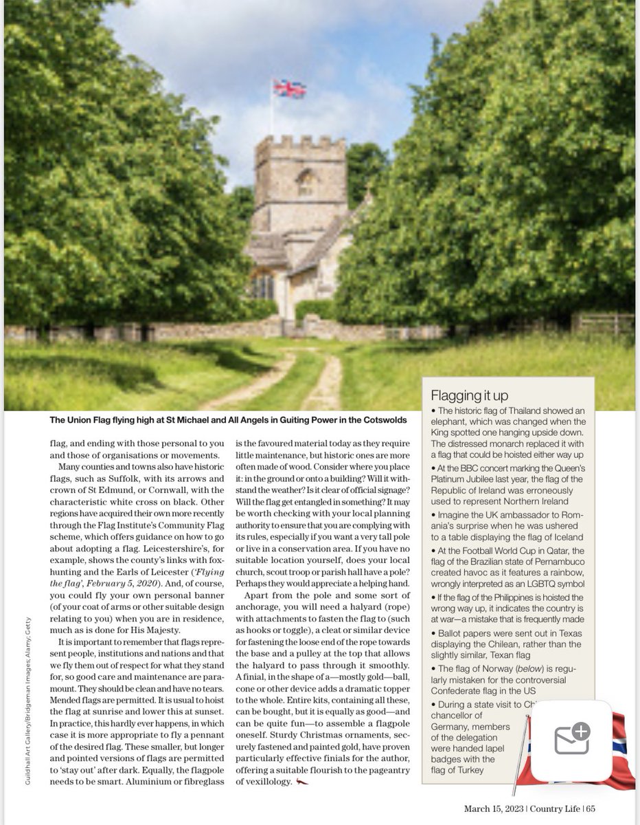 MuellerJohnF1's tweet photo. Raising the Standards: From what to fly when and how - to the “dos” and “donts” of erecting a flagpole in 15 March 2023 edition of the best weekly magazine on the planet @countrylifemagazine #coronation https://t.co/8WtQe2YXst
