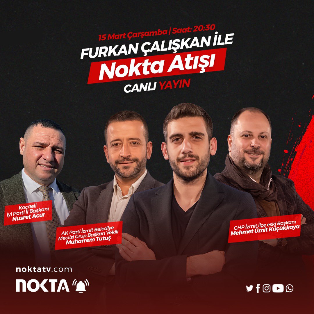 İYİ Parti Kocaeli İl Başkanımız Sayın @NusretACUR_TR;

🗓️ 15 Mart Çarşamba (Bu akşam)
⏰ 20.30’da
📺 Nokta TV’de #NoktaAtışı programına canlı yayın konuğu olacaktır. 

Sizleri de ekran başına bekliyoruz.