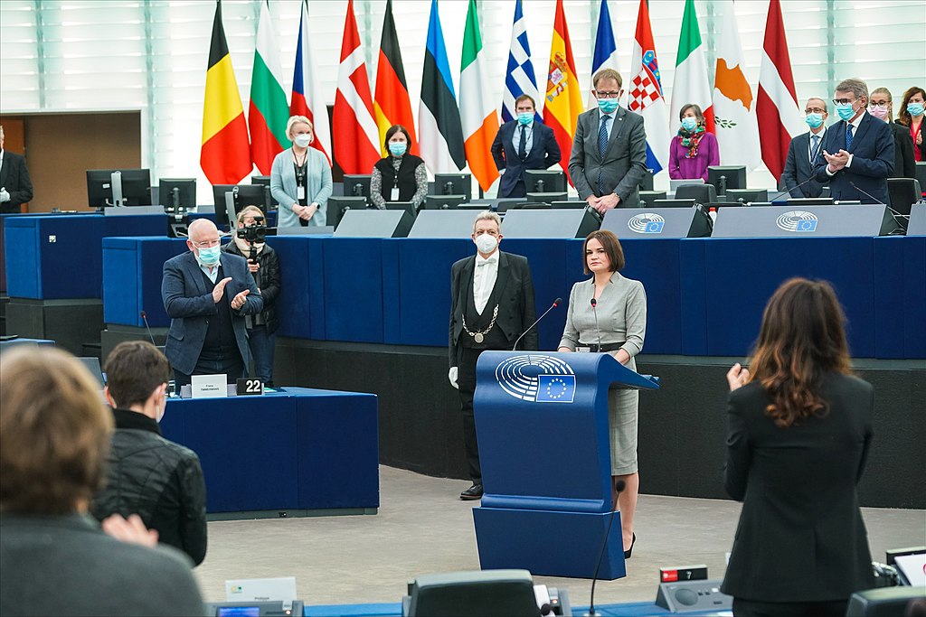 Tsihanouskaya's tweet photo. I strongly applaud the resolution on Belarus adopted by @EUParl_EN today. It calls for formalizing the relationship with democratic Belarus, imposing credible sanctions on the regime, helping Belarusians in exile &amp; launching proceedings on Lukashenka's crimes against humanity. https://t.co/9vixHWVyWG