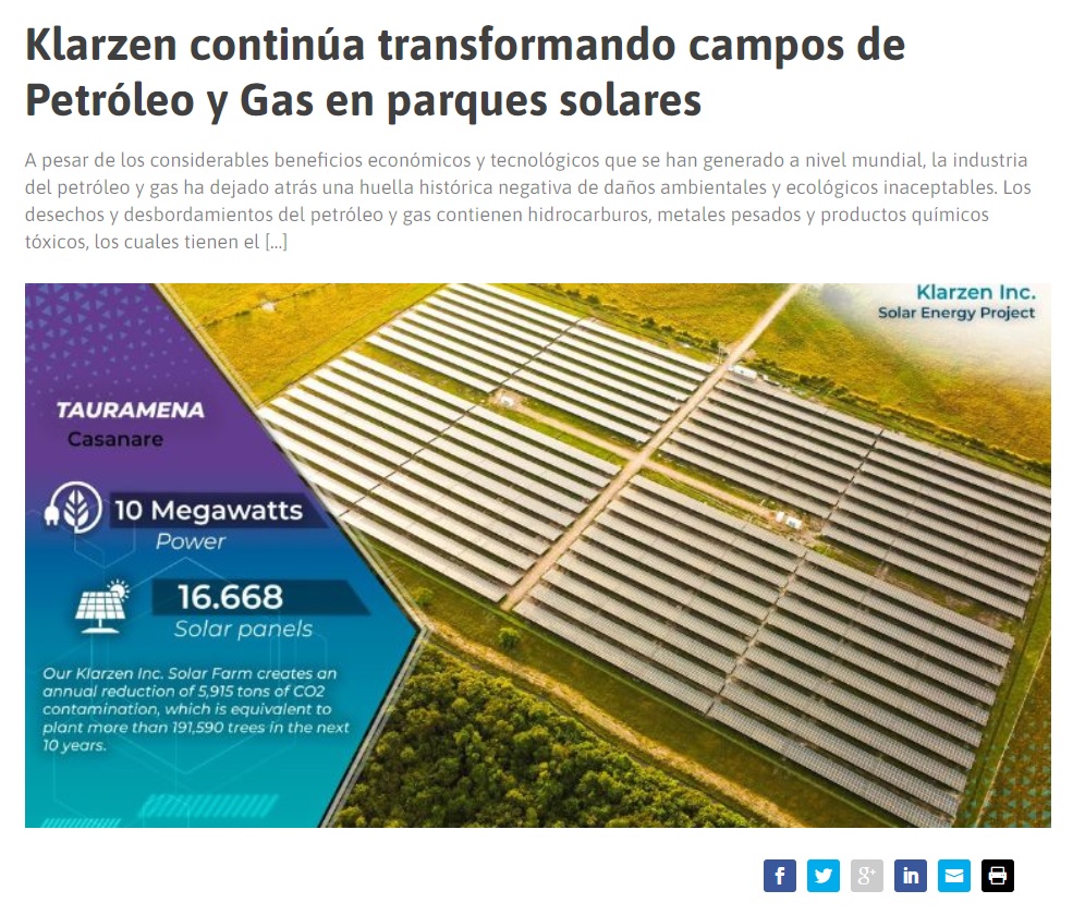 📢We invite you to know this press release published by Energía Estratégica Colombia where Klarzen Inc. solar technology continues to transform multiple oil and gas fields into sustainable green energy centers. 
#Solartechnology  #PressRelease #oilfields #greenenergy #klarzen