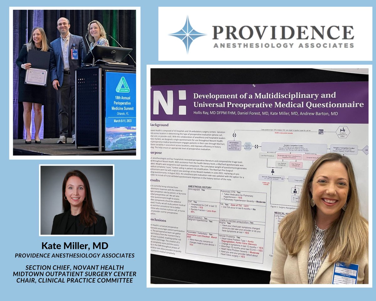 ProvAnesthesia's tweet photo. Last week, at the SPAQI conference, in a collaboration with Novant Health’s Perioperative Surgical Home, PAA aided in designing a questionnaire to help guide the preoperative screening and optimization process. The design won for Best Clinical Innovation! https://t.co/W6tx3KH1kX