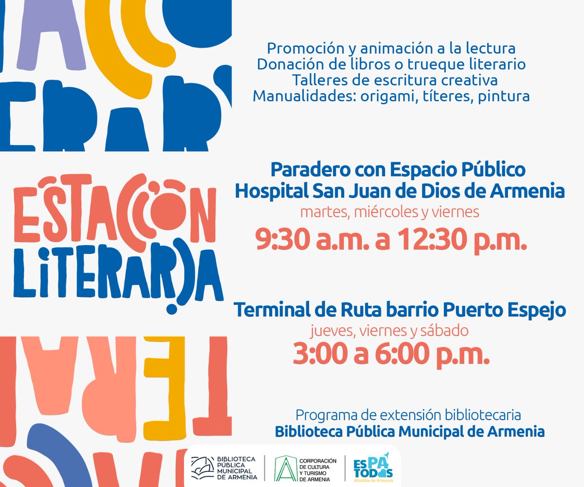 ¡Visítanos!

En las Estaciones Literarias podrás encontrar libros para todos los gustos, actividades para los más pequeños de la casa y un espacio agradable para la lectura 🤓
Estamos ubicados en el PEP del Hospital San Juan de Dios de Armenia y en el TR del barrio Puerto Espejo.