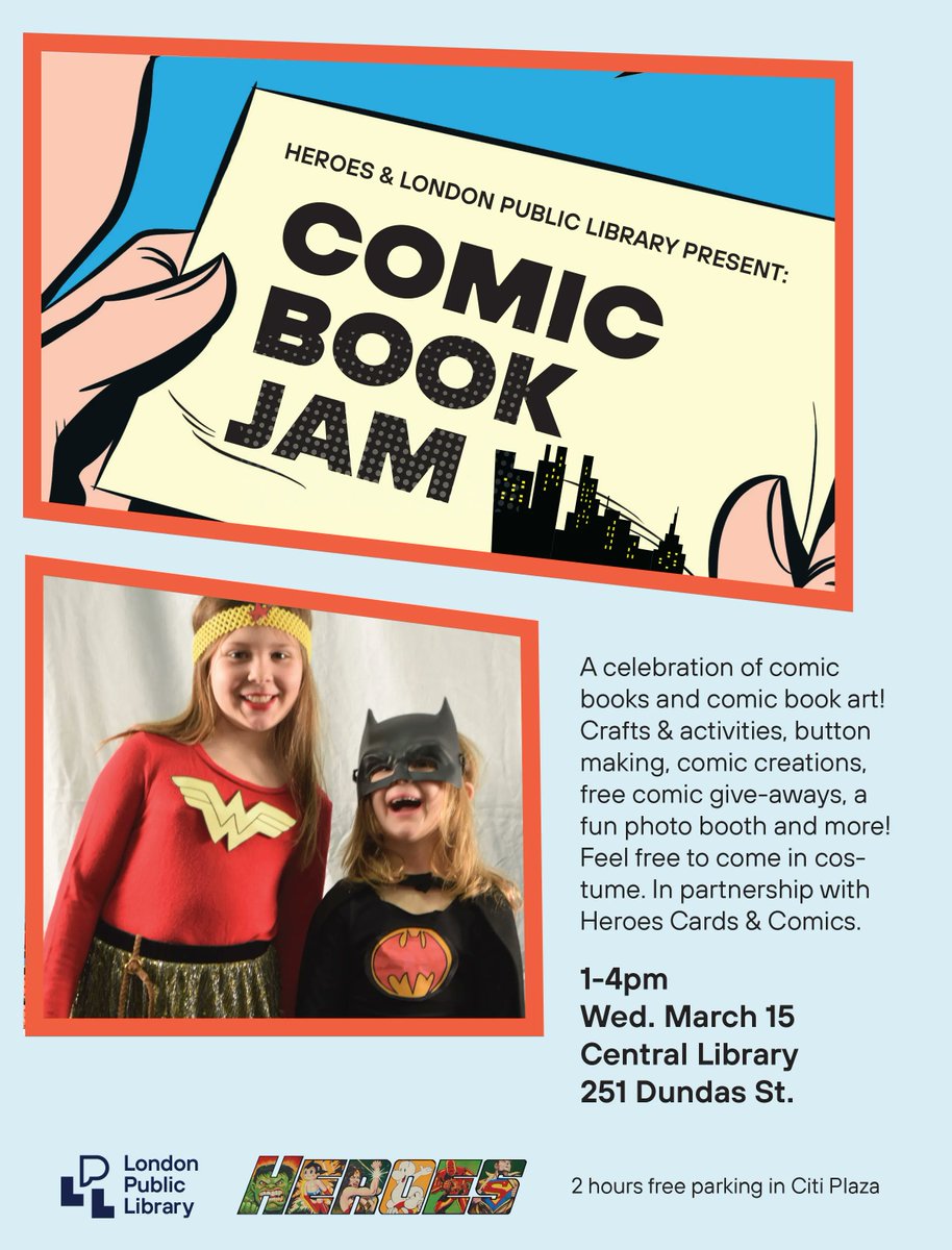TODAY is Comic Book Jam! Join us at Central Library in the Children's Library from 1–4pm to celebrate comic books with crafts &amp; activities, button making, comic creations, a fun photo booth and more!  Feel free to come in costume! #LdnOnt

With <a href="/heroescomics/">heroes comics</a>