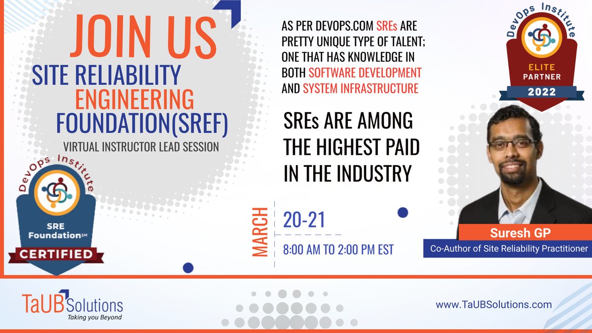 taubsoln's tweet image. Join us for the SRE Foundation training by @sureshgp , co-author of #SREPractitioner on the 20th and 21st of March 2023 from 8 am-2 pm EST, and get certified by DevOps Institute.

Register now, only a few seats are left!
taubsolutions.com/trainings/sre-…

#TaUBSolutions #SREFoundation