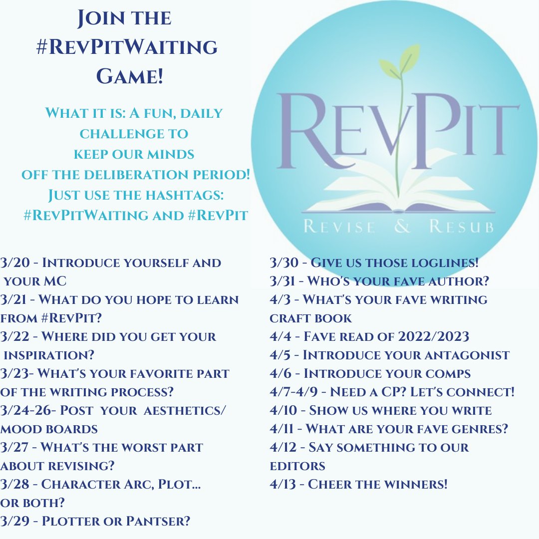 #Revpit !!!!

ARE....YOU...READY??????

Submission window opens at noon EST, tomorrow, 3/16, and will remain open until noon EST, Sunday 3/19.

Our editors are READY!
They are HUNGRY!
And to help you with the wait, play some #RevPitWaiting