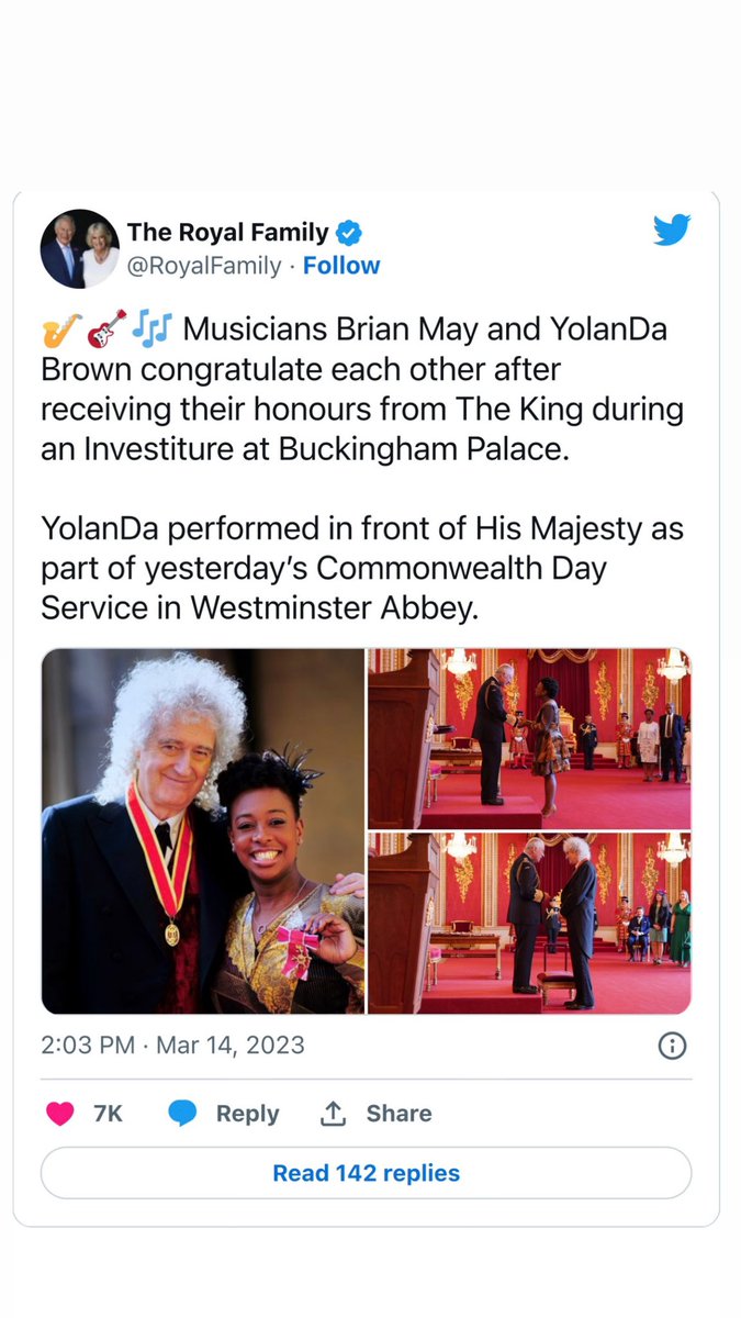 Have you heard the one about a Queen 👑🎷 <a href="/yolandabrown/">YolanDa Brown OBE</a> who met a member of Queen 🎸<a href="/brianmaycom/">BrianMayCom</a> and they both met the King 👑 <a href="/RoyalFamily/">The Royal Family</a> at Buckingham Palace 😂