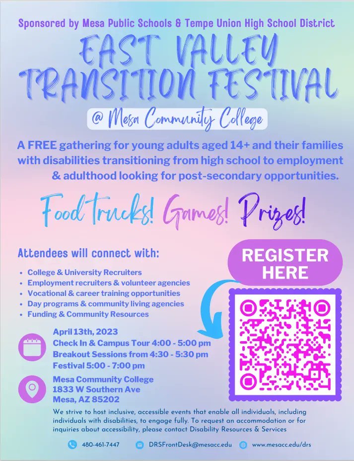 EPICDisability's tweet photo. EPIC will be participating as a vendor at the East Valley Transition Festival hosted by the Transition Coordinators from @TempeUnionHSD and @mpsaz. The festival is on April 13 at @mesacc. If interested, please register your student using the QR link on the flyer below. https://t.co/Uztj55xkuh