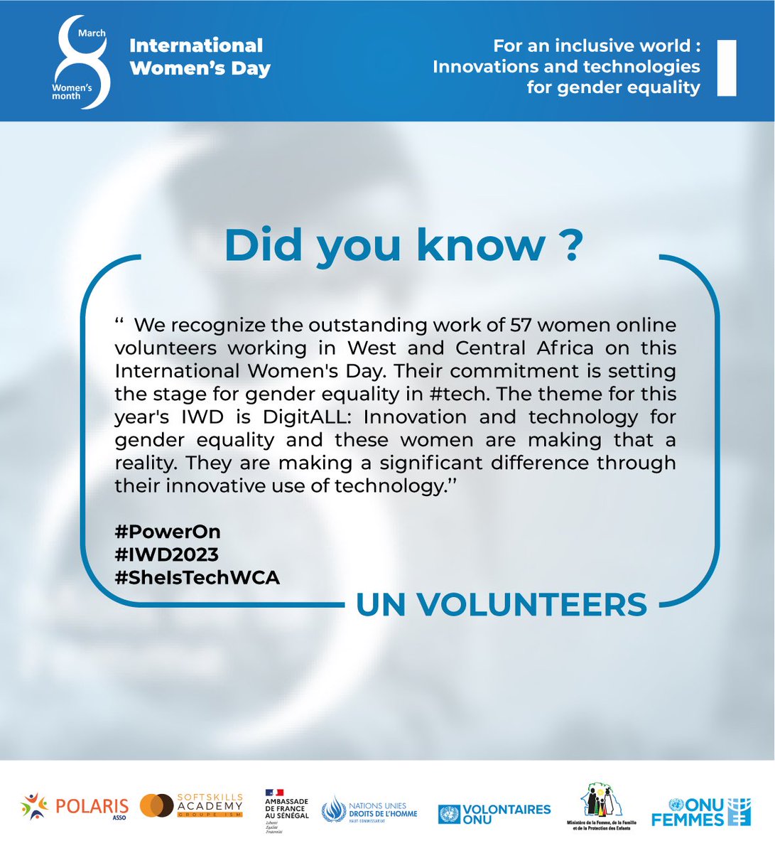 UNV_ROWCA's tweet photo. #DYK
In West and Central Africa, there are 5️⃣7️⃣ women online volunteers, who are actively working towards achieving #genderEquality in the #tech industry? Let's celebrate & support these #women in their efforts to create a more inclusive and diverse tech community
#SheIsTechWCA https://t.co/vimHaBDOSy