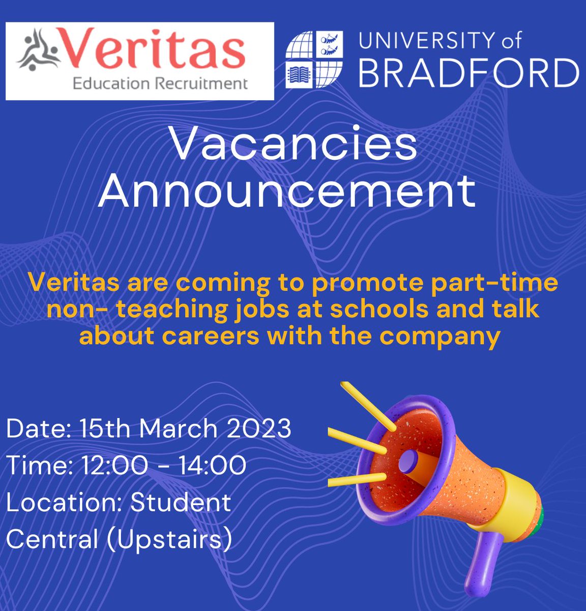 Looking for part-time or fully-time work in schools? Come along to @UniBradCareers now and meet Molly Perry and Sam Waddington from @VeritasEduJobs #teambradford #students #teaching #parttimejobs